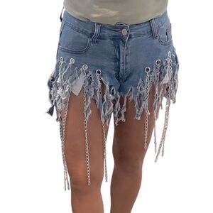Hot & Delicious Distressed Light Blue Denim Chain Link Fringed Shorts- Size L